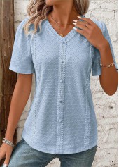 Blue Patchwork Short Sleeve V Neck Blouse | thumb picture 