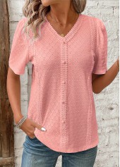 Pink Patchwork Short Sleeve V Neck Blouse