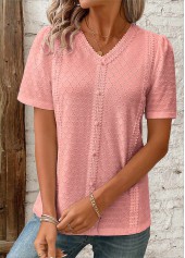 Pink Patchwork Short Sleeve V Neck Blouse | thumb picture 