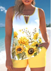 Cut Out Floral Print Light Yellow Tankini Set