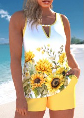 Cut Out Floral Print Light Yellow Tankini Set | thumb picture 