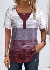 Multi Color Button Striped Short Sleeve T Shirt