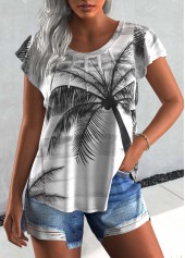 Light Grey Tuck Stitch Plants Print T Shirt
