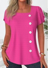 Hot Pink Button Short Sleeve Square Neck T Shirt