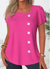 Hot Pink Button Short Sleeve Square Neck T Shirt | thumb picture 