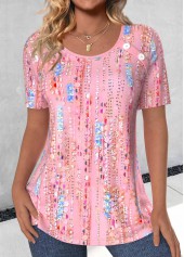 Pink Button Short Sleeve Round Neck T Shirt