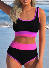 Contrast Binding Patchwork Black Bikini Set