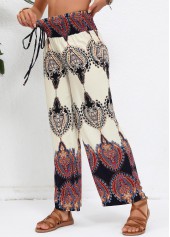 Beige Smocked Tribal Print Elastic Waist High Waisted Pants