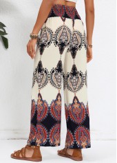 Beige Smocked Tribal Print Elastic Waist High Waisted Pants
