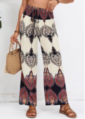 Beige Smocked Tribal Print Elastic Waist High Waisted Pants