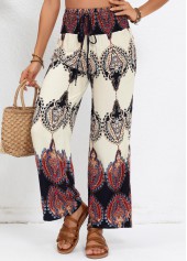 Beige Smocked Tribal Print Elastic Waist High Waisted Pants