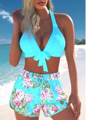 Jacquard Floral Print Cyan Bikini Set