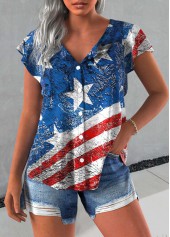 Blue Button Flag Print Short Sleeve Round Neck Blouse