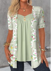 Sage Green Floral Print Fake Two Piece Twinset