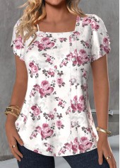 White Button Floral Print Short Sleeve T Shirt