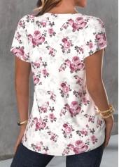 White Button Floral Print Short Sleeve T Shirt