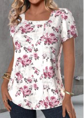 White Button Floral Print Short Sleeve T Shirt
