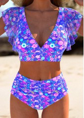Ruffle Ditsy Floral Print Purple Bikini Set