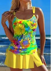 Circular Ring Floral Print Yellow Tankini Set