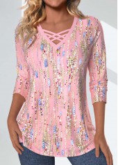 Light Pink Criss Cross Geometric Print T Shirt