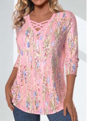 Light Pink Criss Cross Geometric Print T Shirt | thumb picture 