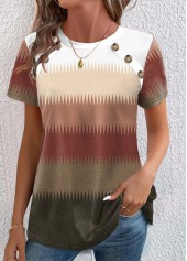 Multi Color Button Chevron Print Short Sleeve T Shirt