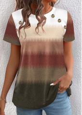 Multi Color Button Chevron Print Short Sleeve T Shirt