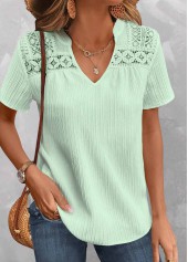 Light Green Patchwork Short Sleeve V Neck Blouse