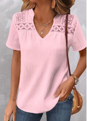 Light Pink Patchwork Short Sleeve V Neck Blouse