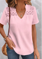 Light Pink Patchwork Short Sleeve V Neck Blouse