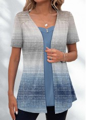 Dusty Blue Ombre Short Sleeve Fake Two Piece Twinset