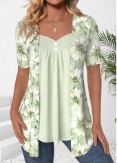 Light Green Floral Print Fake Two Piece Twinset