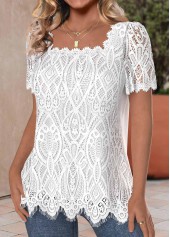 White Lace Short Sleeve Square Neck T Shirt | thumb picture 