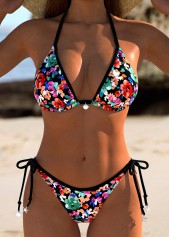 Contrast Binding Ditsy Floral Print Black Bikini Set