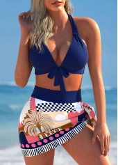 Bowknot Tropical Plants Print Navy Bikini Set