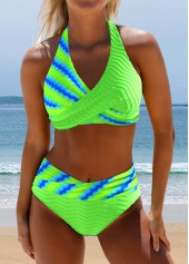 Surplice Floral Print Neon Green Bikini Set