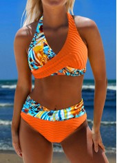 Surplice Floral Print Orange Bikini Set