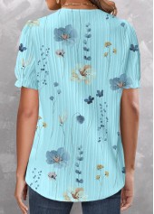 Cyan Patchwork Floral Print Short Sleeve V Neck Blouse