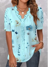 Cyan Patchwork Floral Print Short Sleeve V Neck Blouse