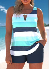 Cut Out Multi Stripe Print Cyan Tankini Set