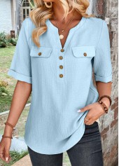Light Blue Button Half Sleeve High Neck Blouse