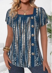 Peacock Blue Button Leopard Short Sleeve T Shirt