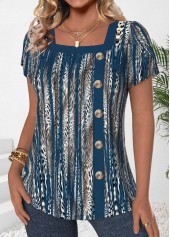 Peacock Blue Button Leopard Short Sleeve T Shirt