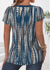 Peacock Blue Button Leopard Short Sleeve T Shirt