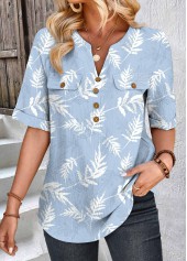 Blue Patchwork Leaf Print Short Sleeve Split Neck Blouse