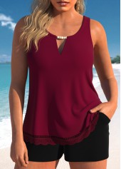 Lace Cutout Wine Red Tankini Set
