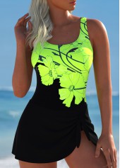Tie Floral Print Neon Green One Piece Swimdress