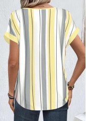 Light Yellow Zipper Striped Short Sleeve Round Neck Blouse