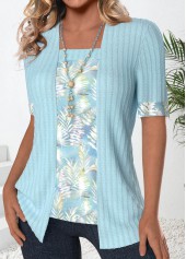 Light Blue Patchwork Leaf Print Fake Two Piece Twinset | thumb picture 
