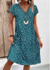 Turquoise Patchwork Floral Print A Line Short Sleeve Dress